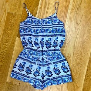 Loft White & Blue Floral Print Linen Petite Romper
